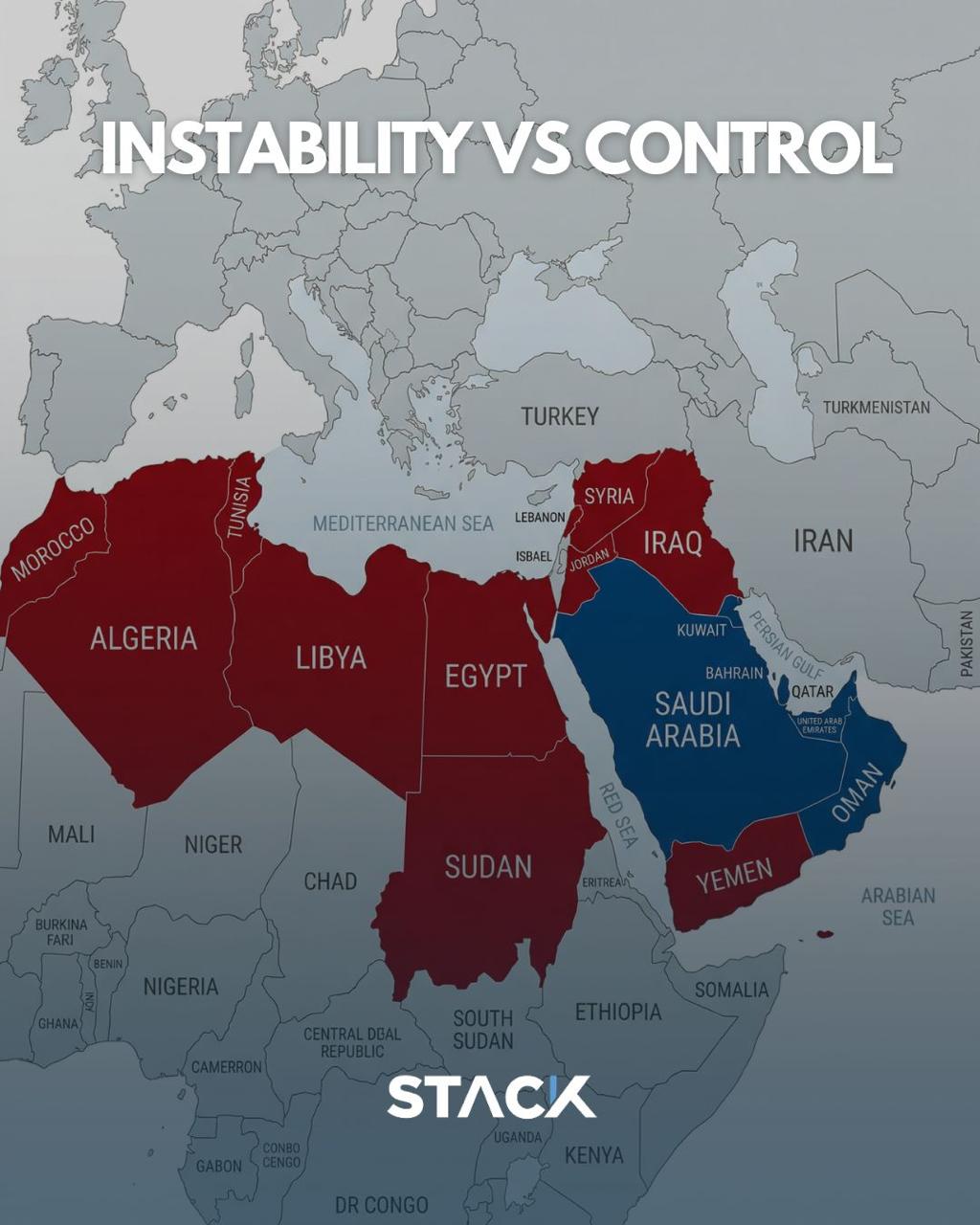 Map titled INSTABILITY VS CONTROL highlighting Middle East and North African countries in red and blue