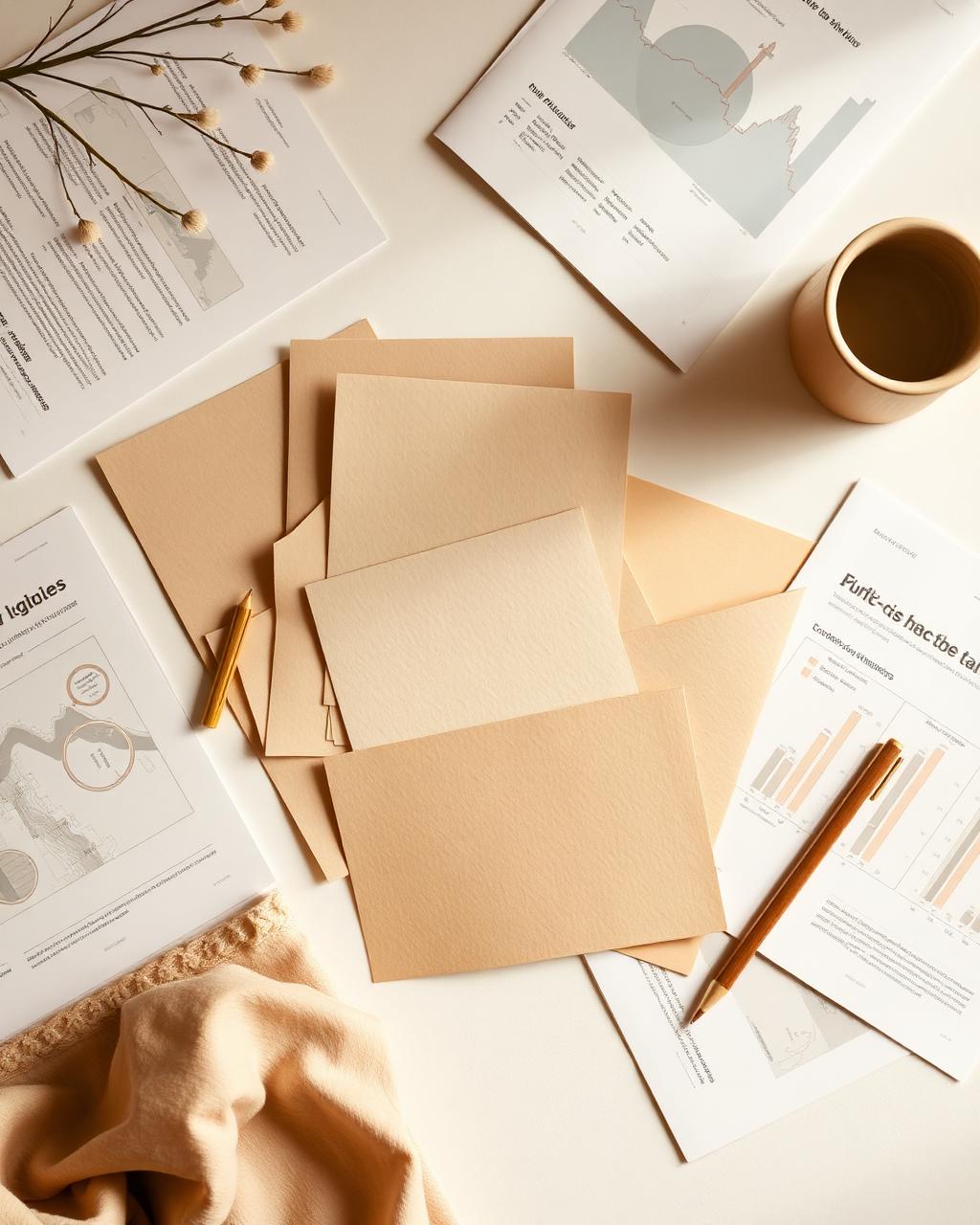 Editorial flatlay of paper cards and charts in warm beige tones